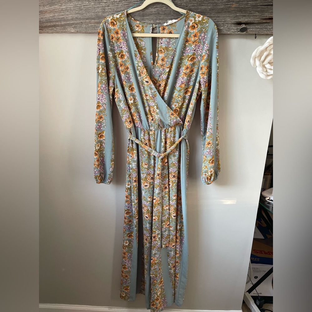 June & Hudson Blue Wrap Jumpsuit with Bishop Sleeves - Picture 5 of 10